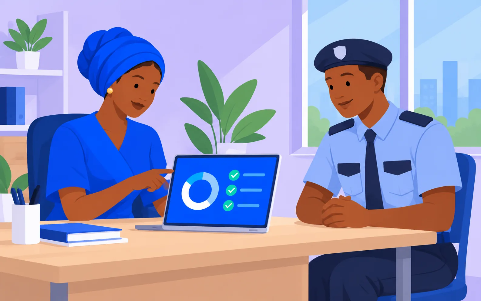 An HR manager reviewing a verification report with a security guard