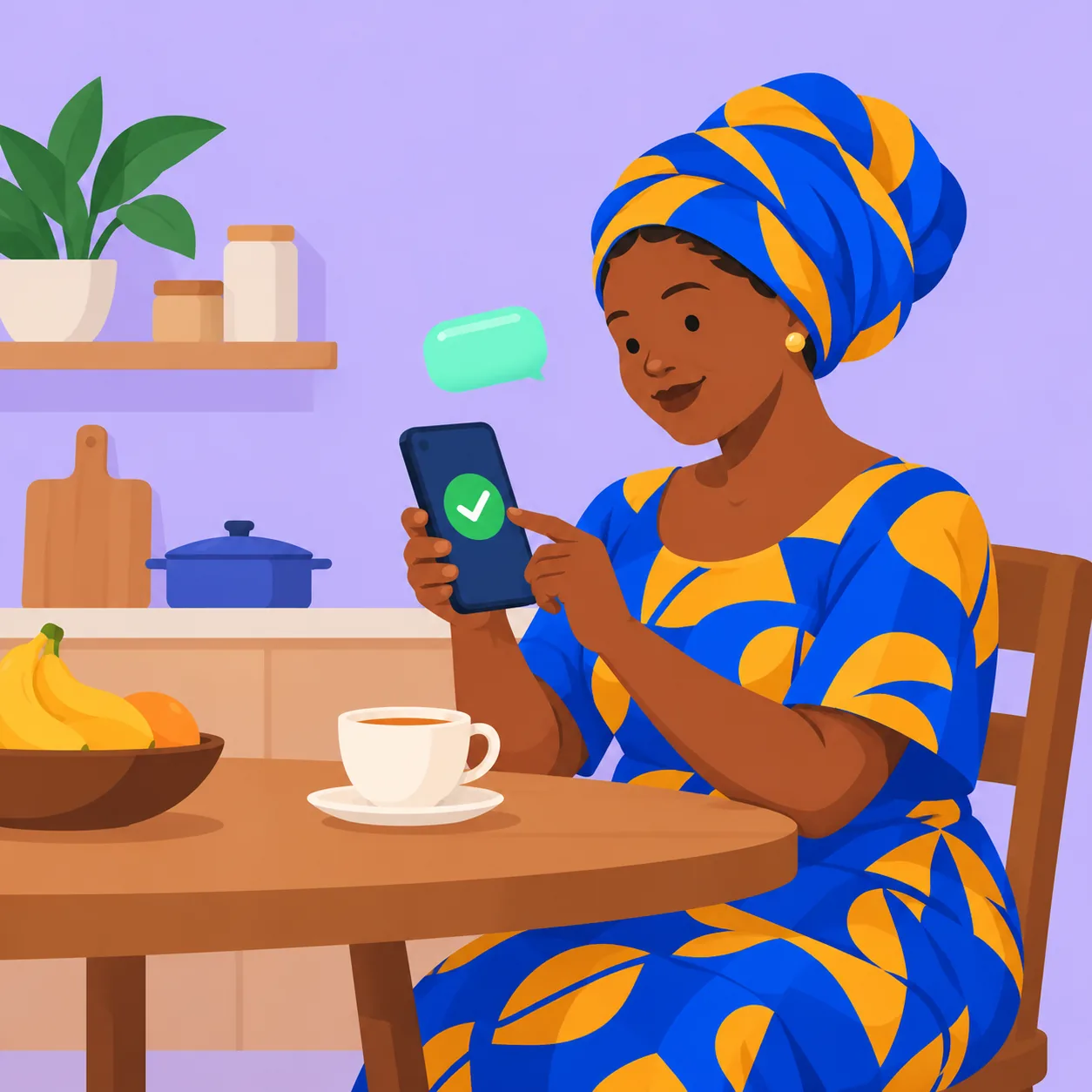 A former employer at her kitchen table confirming on her phone